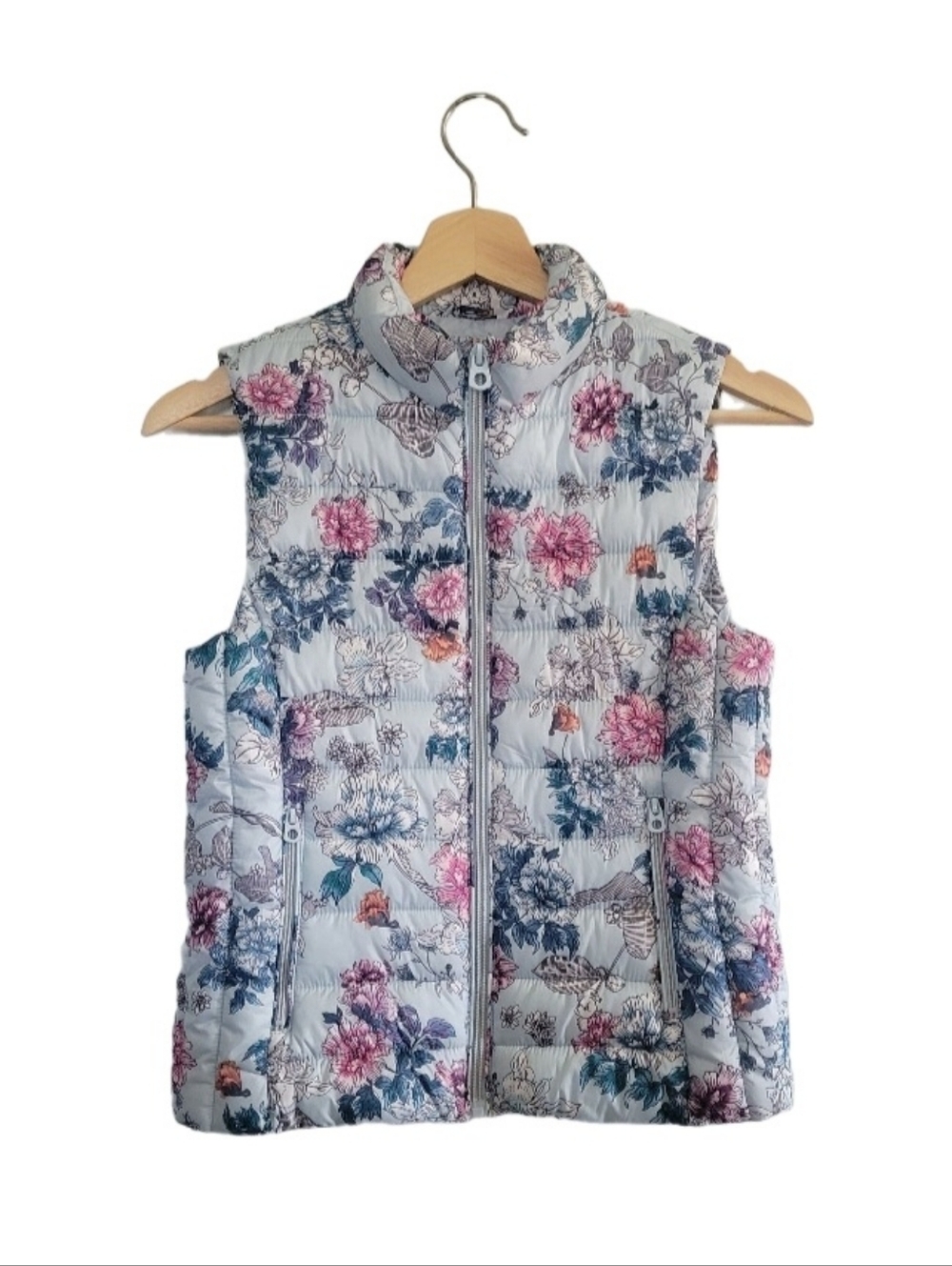 NWOT ZARA Girls' Floral Quilted Puffer Vest Size 9/10 Pastel Blue Spring